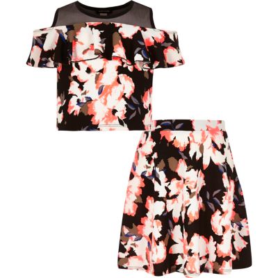 Girls black floral print top and skirt